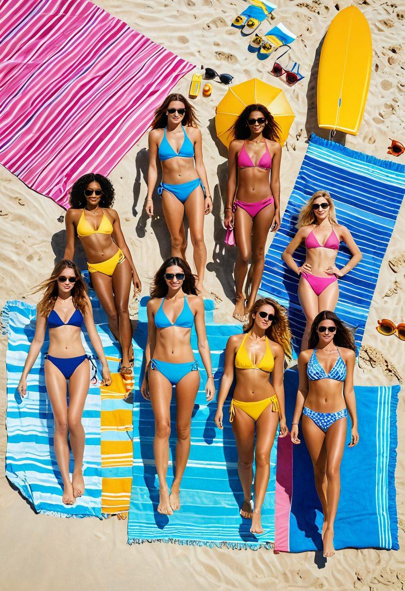 A sun-soaked beach scene featuring diverse models showcasing trendy and eye-catching bikinis, surrounded by bright beach accessories like colorful towels, sunglasses, and tropical drinks. Include warm sand underfoot and gentle ocean waves in the background, emphasizing a carefree, stylish beach atmosphere. Add vibrant hues to capture the joy of summer fashion. vibrant colors. super-realistic.