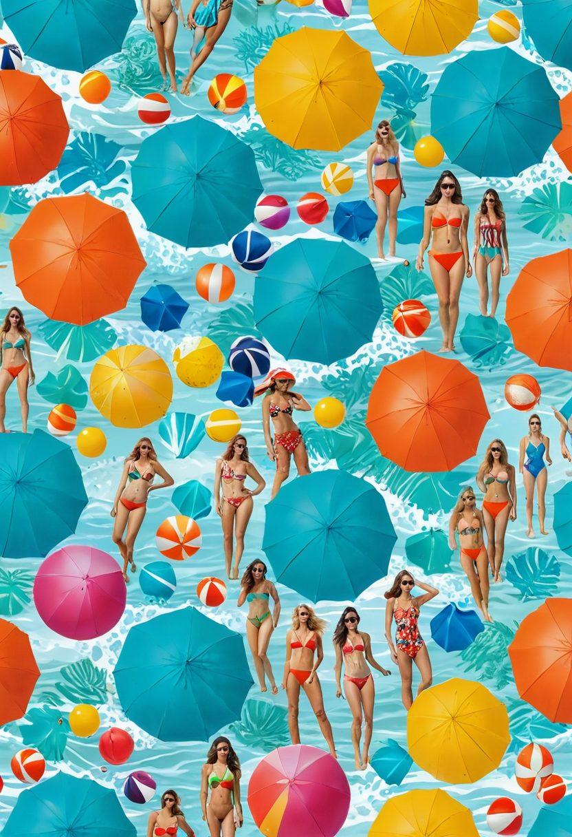 A vibrant collage of swimwear styles from retro to modern, showcasing colorful patterns, bold prints, and elegant designs under the sun. Include a vintage beach scene with sunbathers, umbrellas, and beach balls. Add splashes of turquoise ocean waves in the background. The overall mood is joyful and fashionable, capturing the evolution of swimwear. super-realistic. vibrant colors. sunny beach setting.